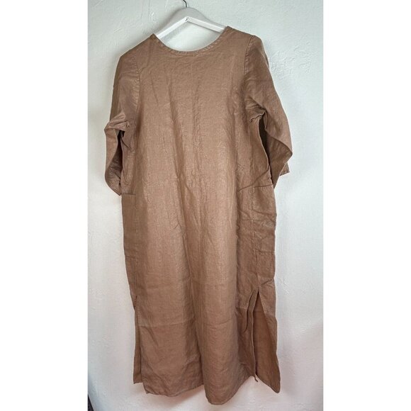 Tancredi & Morgen Women's Shift Midi Dress Side Slit Linen Brown Size Large XL - Picture 2 of 7